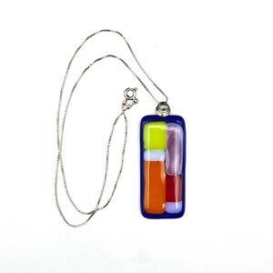 Artist Made Rectangular Fused Glass Pendant on 18" Sterling Silver Box Chain